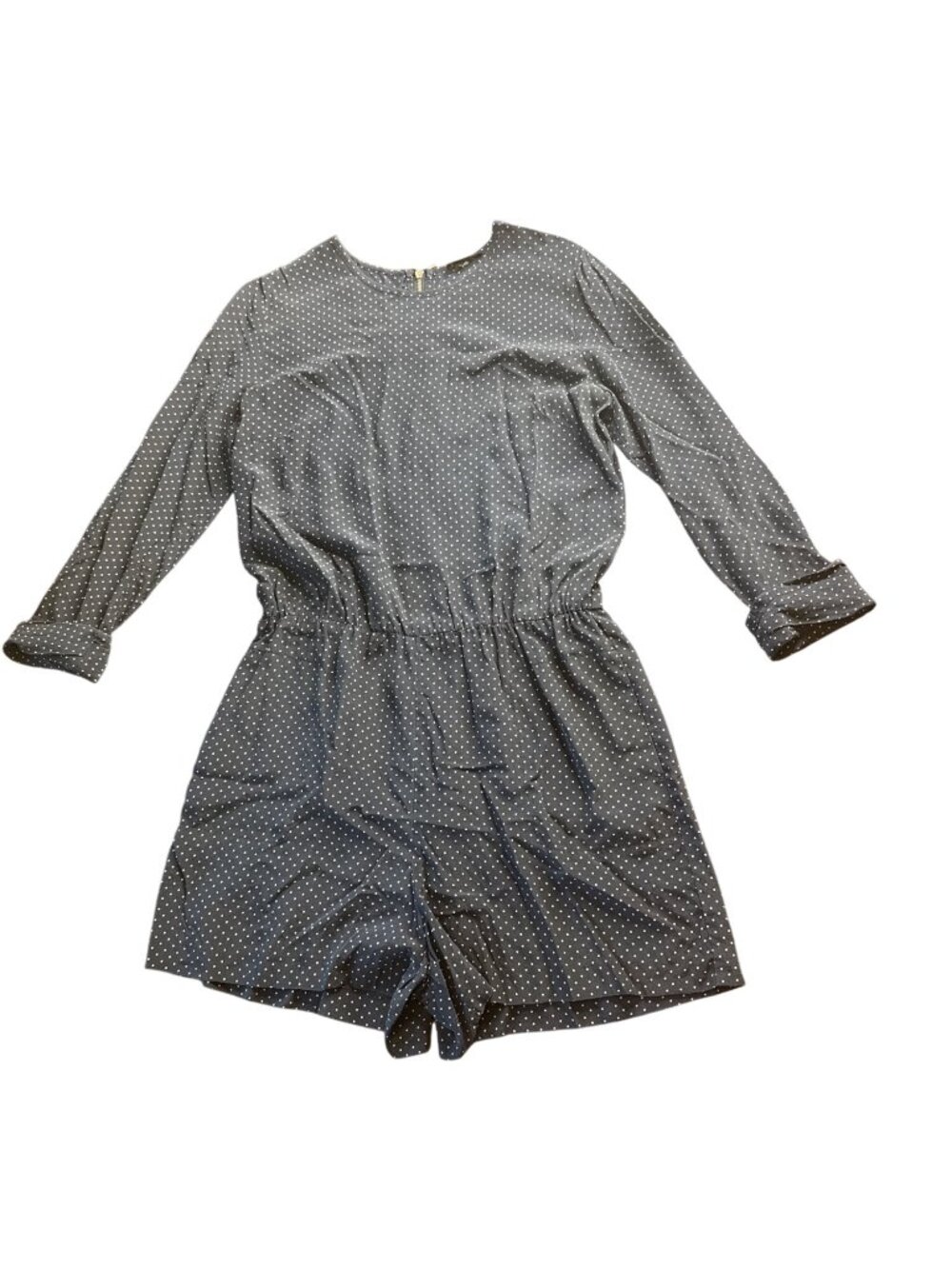 Club Monaco 100% Silk Navy Polka Dot Long Sleeve Romper Sz 10 Shorts Jumpsuit